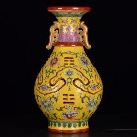 古董古玩收藏大清乾隆年制黄釉八卦镂空转心瓶 高：37.5厘米 宽：20厘米