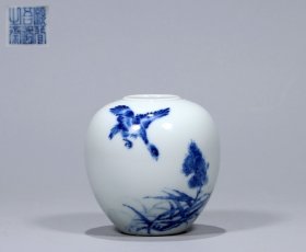 旧藏.“愿闻吾过之斋”款青花芦雁水盂（王步）
尺寸：高8厘米腹径7.5厘米口径3.2厘米底径3.5厘米重134克