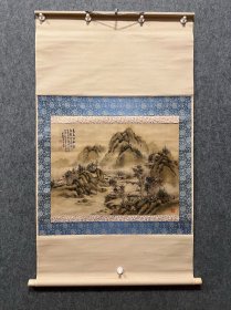 古筆山水图【真野香邨】 1866 ~?（庆应二~?）名适，字梅处，号香云处 士,通称比佐太郎。爱知县生人.先后师承村田香谷、田 能村直入。历任帝国绘画协会会员，中央南画协会会 员，日本南画协会津岛支部长。作品多次入选所属美术 团体展，并10余次获奖，代表作品：《水墨山水图》、《淡 彩山水图》等。