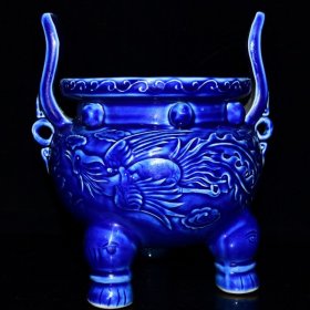 清乾隆霁蓝釉雕刻龙凤纹香炉2 21*19厘米