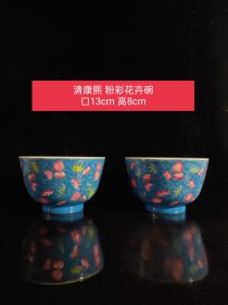 清 康熙蓝釉花卉碗，工艺精美，器型端庄，发色纯正，釉色漂亮，品相如图。