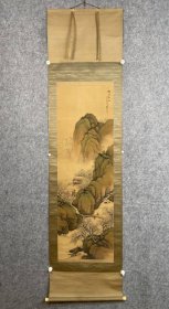 清末明治后期画家岡田蘇水笔老绢本原裱【梅溪春色图】画心126*42cm无轴头原配老桐木盒子