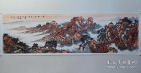 保真书画，当代山水画名家，内蒙古诗书画研究会画院院长，郎祎，横幅厅堂山水画佳作一幅，尺寸70×240cm，纸本托片，带作者合影。