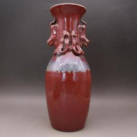 清霁红釉盘龙双耳花瓶