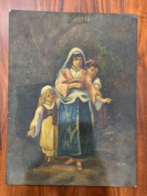 老油画:三个小女孩画在木板上