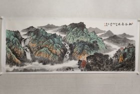 保真书画，全国山水画展金奖获得者，胡建国小六尺山水画《松谷春风》70×180cm纸本托片。胡建国，湖南邵阳市美协副主席，2010年获湖南省文化厅“湖南画坛十大年度人物”称号，2009年获第二届工笔山水画大展金奖，2012年全国工笔画大展优秀作品奖（最高奖），2011年北京工艺美术出版社出版《中国名画家艺术研究：胡建国》，2021年5月人民美术出版社大红袍《胡建国山水画作品集》。