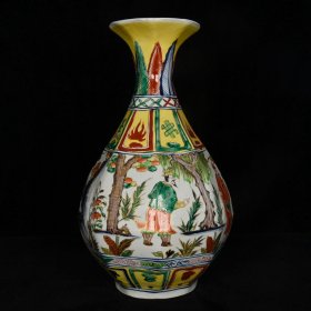 元张文进造古相博陵第款五彩描金三顾茅庐人物故事纹八棱玉壶春瓶 高45cm 直径27cm