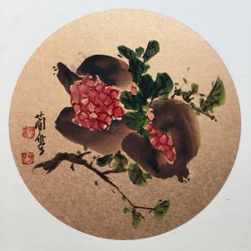 6029 上海市副书记杨堤旧藏《曹简楼 绘 石榴图》金卡团扇 真迹保真