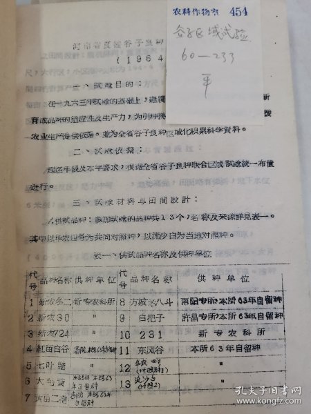 老种子 传统农业原始资料收藏（27）谷子（11）《谷子区域实验》（60—233）：河南省安阳专区农科所夏播谷子良种区域实验，商丘专区春谷良种区域实验，洛专郾城农业试验点站《1963年全国谷子良种区域性联合实验总结》，洛阳专区农科所，吉林农科所，吉林农科院九站农科所《吉林长春地区谷子品种实验》，黑龙江农科院合江农科所谷子实验，甘肃农科院、定西农科所、会宁糜谷基点《1964年糜谷良种区域实验及生产》等