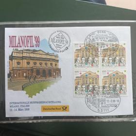 F17114外国信封 99年意大利米兰国际邮展封 贴德国1999年 欧洲文化城魏玛、歌德等1全