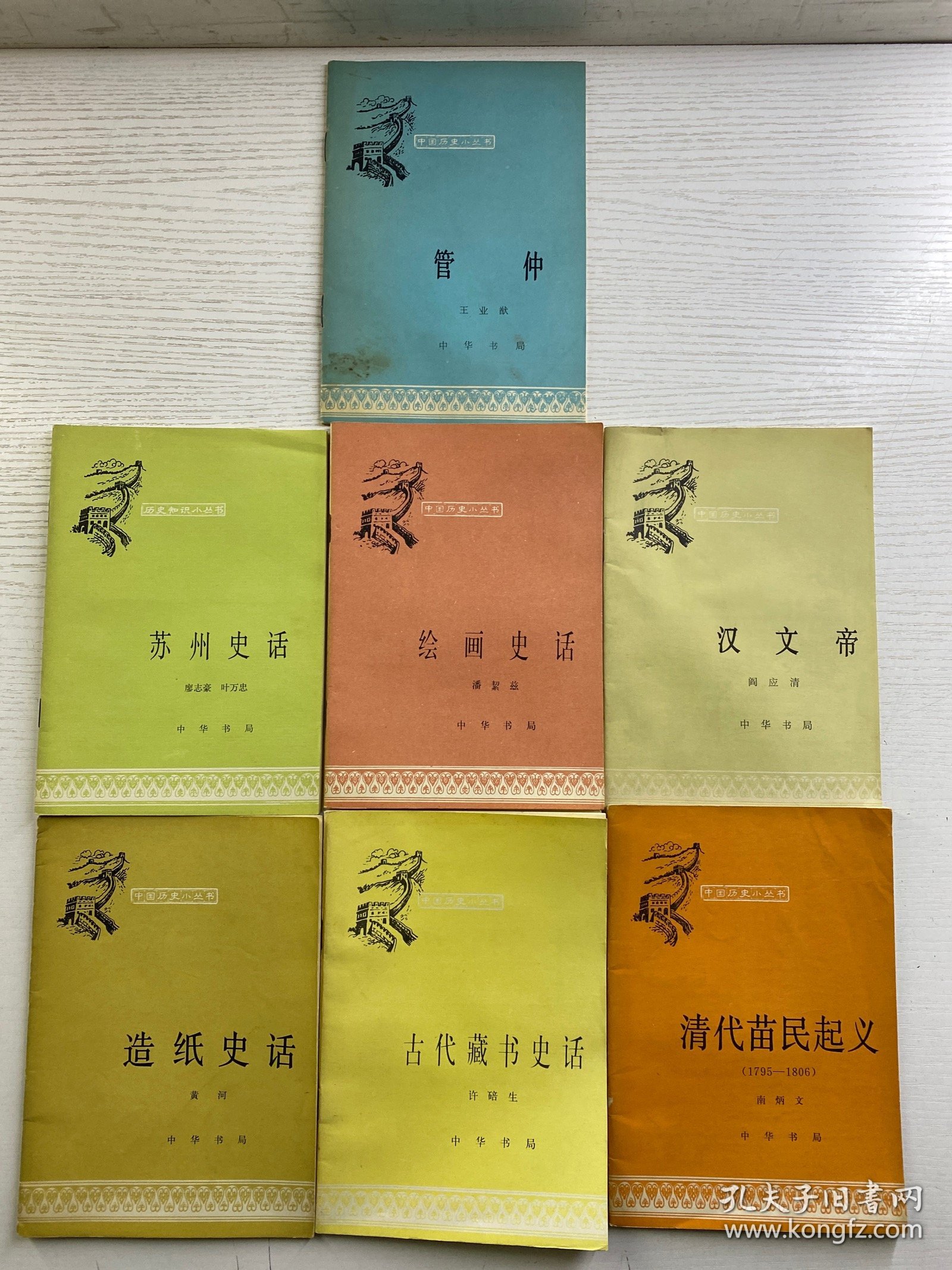 中国历史小丛书（7本合售）清代苗民起义、苏州史话、绘画史话、汉文帝、造纸史话、古代藏书史话、管仲（正版如图、内页干净）