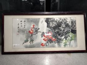 江苏画家吴湛圆国画:幽壑山茶娇艳红，已裱装框，尺寸125ⅹ60，保真