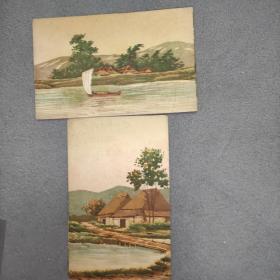 民国日本手绘风景画明信片二张合售