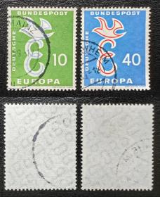 268德国1958年上品信销邮票2全。欧罗巴，鸽子。拉丁文“E”。原票有水印。2015斯科特目录0.65美元。