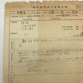 著名神经病学家，上海华东医院神经科创始人之一，主任医师汪起寿，1967年为病人撰写“出院记录”表、“病况进展记录”等手稿一组四页（延安医院为上海华东医院前身）