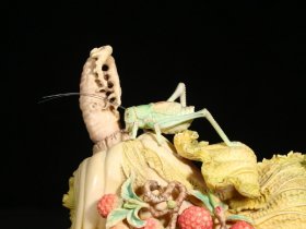 精品.旧藏.雕加彩手工雕刻“百财”白菜摆件