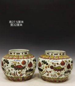 美品·款识“大明宣德年制”精工细作满工沥粉填金五彩莲池鱼藻纹瓜棱罐一对