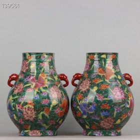 清乾隆 珐琅彩掐金丝荷花鱼纹象耳尊一对