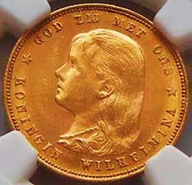 美品少见1897年荷兰威廉敏娜女王少女像10盾金币NGC评级MS64收藏