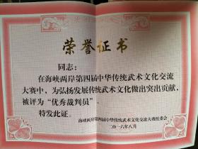 荣誉证书，海峡两岸第四届中华武术传统武术文化交流大赛组委会