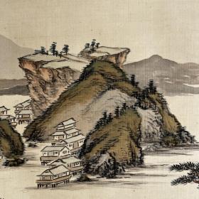 日本近代南画家山田介堂作品，青绿山水图，绢本绫裱，檀木轴头，带木盒，画心112.4*40.8。品相佳，画上所题为扬州八怪之一，著名文人郑板桥文句，可见其思想在日本的影响，以此题画者十分罕见