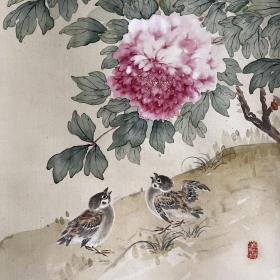 日本近代南画家山下青城作品，玉堂富贵小禽图，绢本绫裱，无轴头，画心126.4*34.5。品相极佳。015