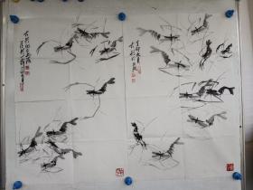 江苏泰州著名画家 王大兴 水墨手绘 虾子图2件， 尺寸69x45
实物拍摄 保真包手绘
