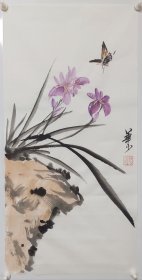 省美协画家国画牡丹作品画二尺条幅鸢尾花蝴蝶条幅字画书画写意花鸟画 全新作品