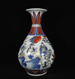 旧藏 元白浒孤窑款矾红青花描金唐太宗人物故事纹玉壶春瓶一对 高46×27厘米