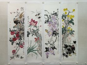 当代花鸟画名家，李辉，花鸟画四条屏，纸本托片，138×34cm×4。李辉，清华大学美术学院国画高研班助教，班主任，龙首山书画院院长。（保真书画）。