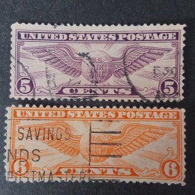 美国邮票 1930年航空邮票 地球双翼 2枚销 背薄