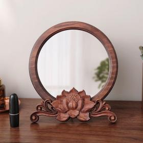全新桌面镜子圆化妆镜实木梳妆镜台式手工复古家用小型办公室