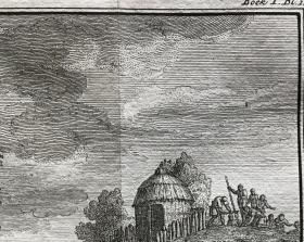 1749年，L.F.杜布尔(Louis Fabricius Dubourg）《巴达维亚人抵达兰德》荷兰文，高质量铜版画，雕刻师：雅科布 福克玛（Jacob Folkema），作者签名（下方两边），加厚防酸纸，纸面19.5x24cm，画面15x19.5cm，品相极佳。
