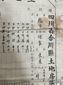 解放初期毛笔填写,品相如图。四川省合川县老资料土地房产清册