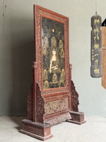 花梨木镶嵌瓷板画落地大插屏释迦牟尼佛