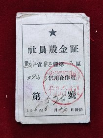 社员股金证，黑龙江，安达，1956年，