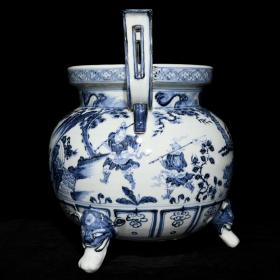 元代瓷器精品老货收藏 元青花鬼谷子下山图双耳三足炉
