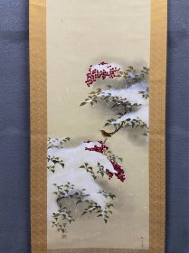 高桥翠观，日本名家原题共箱，花鸟画《雪中南天》