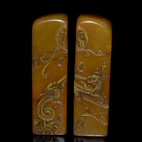 旧藏 布盒装寿山石田黄石对章 总重：508克