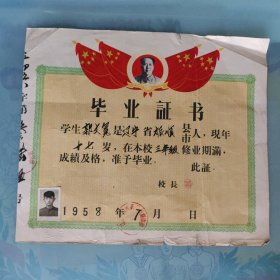 1958年甘肃省兰州市中学毕业证书（辽宁旅顺人）