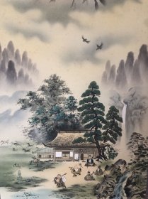 月庵 画311 回流绢本【山水图】畫芯40×105厘米，品相如图完好，绢本绫裱原装原裱，装裱精良，红木类軸頭，值得收藏！