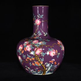 清乾隆紫釉珐琅彩花鸟石榴纹天球瓶，43.5×33，