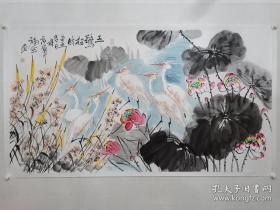 保真书画，著名军旅画家，白洋淀画派创始人，宋福生（老等）六尺整纸国画《五鹭招财》，尺寸97×179cm，纸本托片。