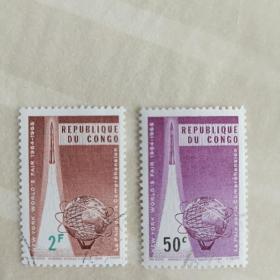 Fh03 外国邮票刚果共和国1965年纽约世界博览会 火箭 销票有贴 2枚 散票 全套7枚，不全