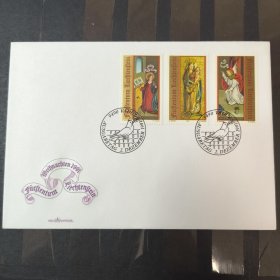 F2625列支敦士登邮票 1991年 圣诞节 圣母玛丽亚 天使绘画 首日封 一封3全 （凹凸印制信封，雕刻版邮票）