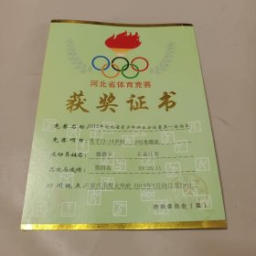2015年河北省体育竞赛获奖证书(河北省青少年游泳分站赛笫一站 200蝶泳)