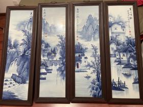民国“青花大王”王步瓷板画四条挂屏
外框高120厘米，宽50厘米（单块尺寸）