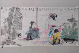 保真书画，袁雪瀚四尺整纸《贵妃醉酒图》一幅69.5*136软片，袁雪瀚，又名袁何民，现为中国美术家协会会员、中国国家画院首届人物画精英班画家、中国徐悲鸿画院国画院副院长、北京国画院艺委会主任。
