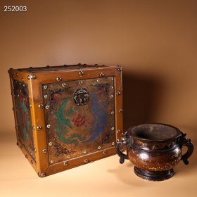 旧藏大明宣德紫铜纯手工高浮雕錾刻洒金龙耳香炉