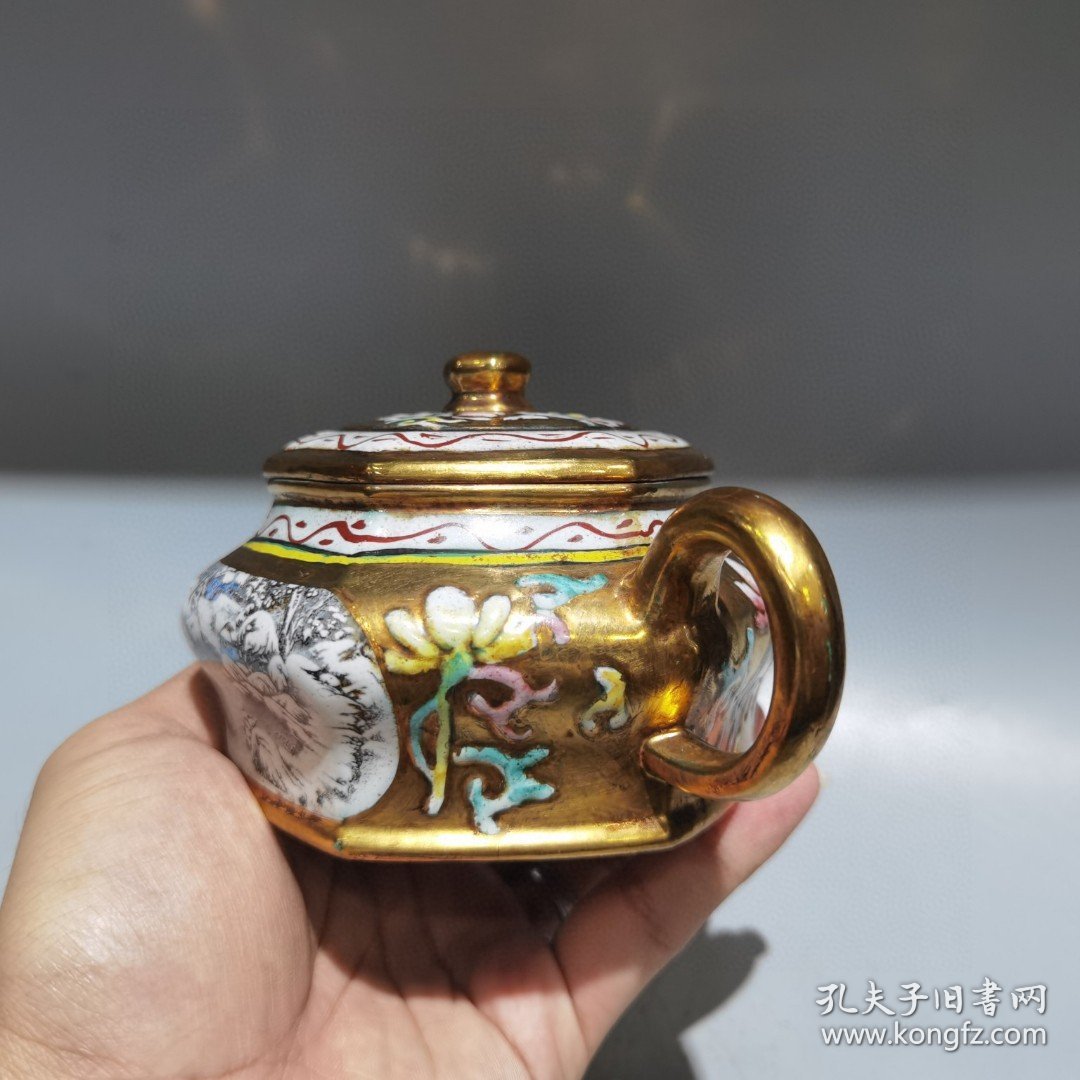 旧藏紫砂壶描金六方彩绘壶中国宜兴精工班